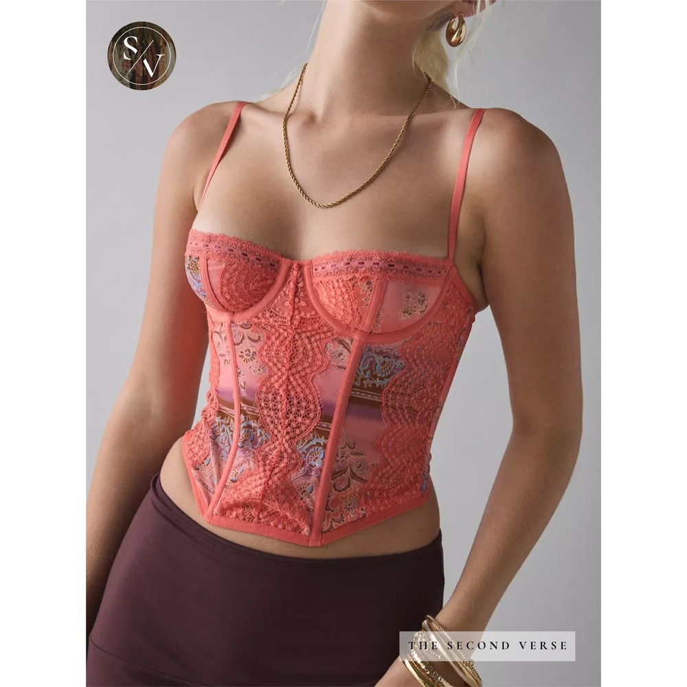 Out From Under Aura Lace Trim Mesh Corset Top Coral Multi Size Medium